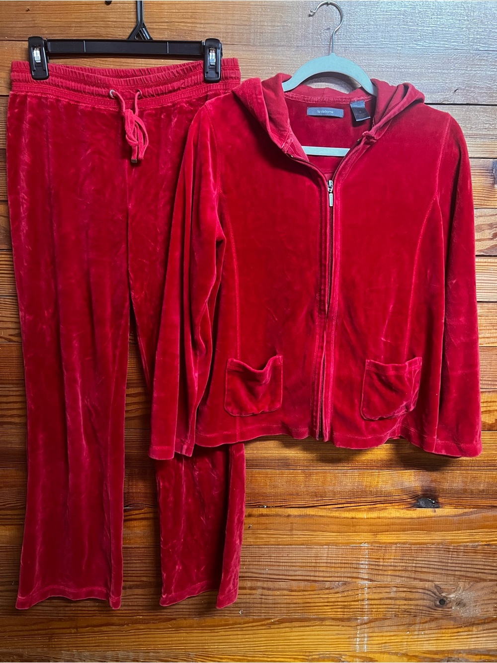 Liz Claiborne Petite M Red Velour Tracksuit Set Y2K Zip Hoodie Pants